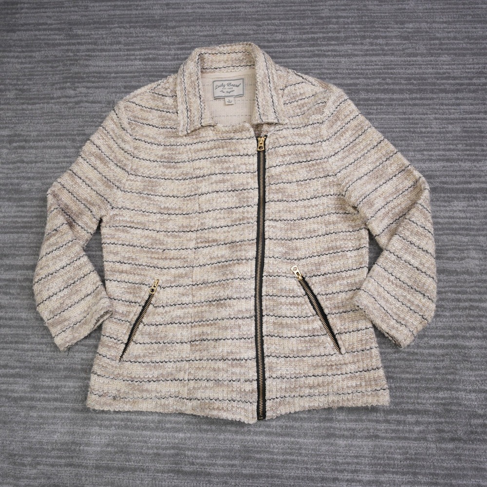 Lucky Brand Womens Cream Beige Striped Textured Knit Moto Jacket Size L Large - Picture 2 of 9